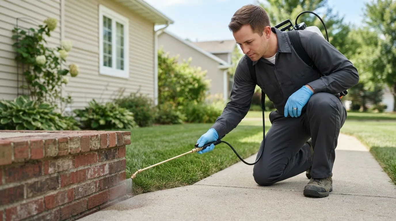 Pest control technician treating a home near Blandinsville, IL