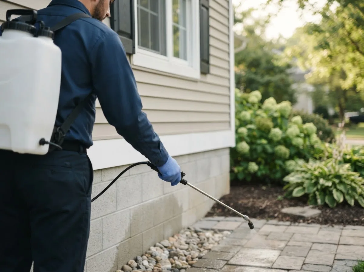 Pest control technician inspecting a home in Blandinsville, IL